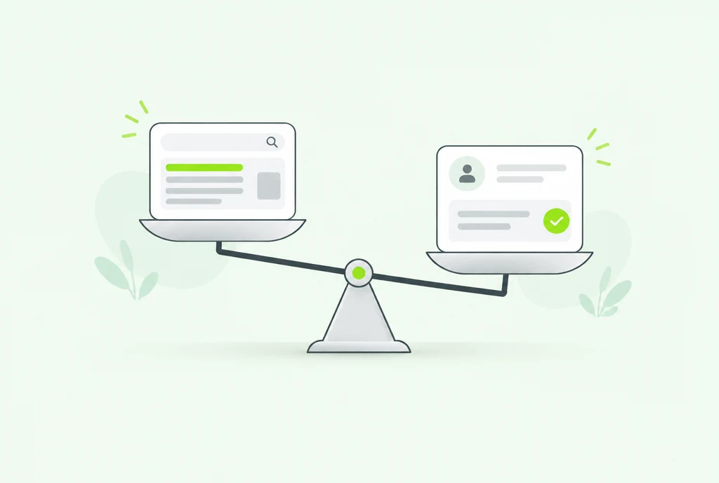 Illustration of a balance scale weighing a search ad against a customer enquiry